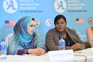 2019 Fellows Lemnoute El Hacen and Annie Chipeta speak at a panel discussion event on Capitol Hill during their Professional Development Experience.