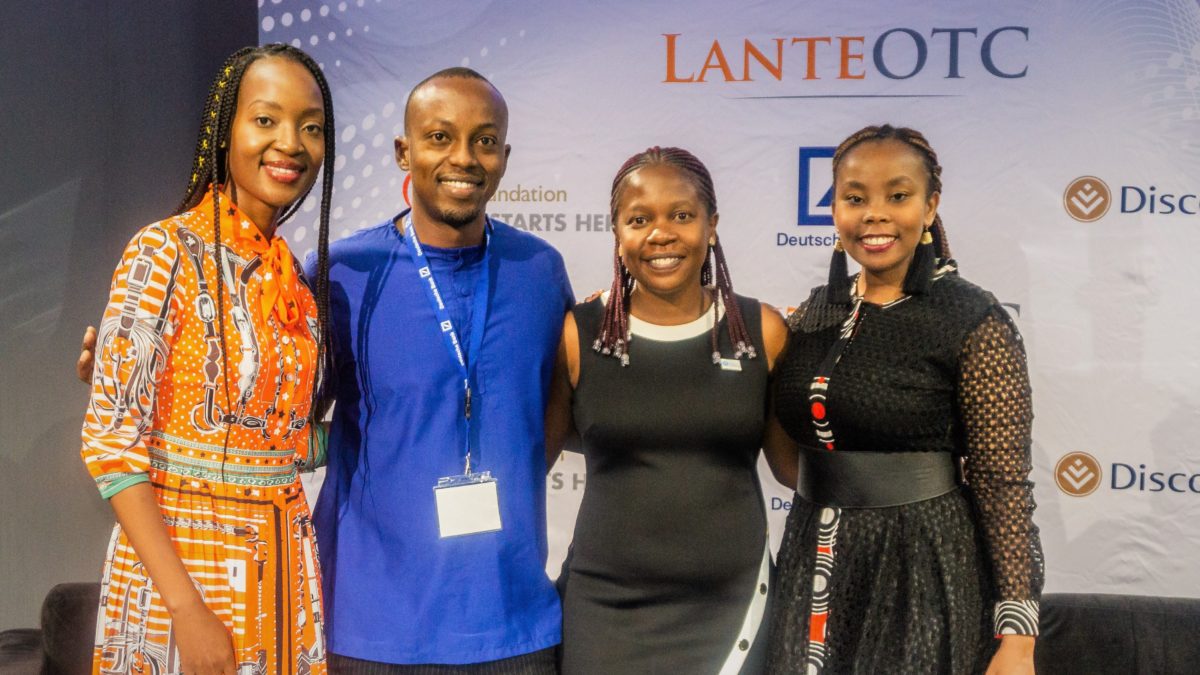 Nola Mashaba, 2014 Fellow from South Africa; Eric Muthomi, 2014 Fellow from Kenya; Cheurombo Pswarayi, 2019 Fellow from Zimbabwe; and Kwena Mabotja, 2017 Fellow from South Africa pose on stage after speaking on a panel at Africa Investor Week.