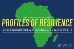 Poster for Foreign Policy and USADF Profiles of Resilience Event; event title in yellow text over a green Africa and a blue background