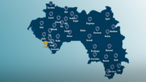 Map of Guinea, showing the 30+ cities throughout rural Guinea where Ibrahima traveled for the National Marathon of Governance.