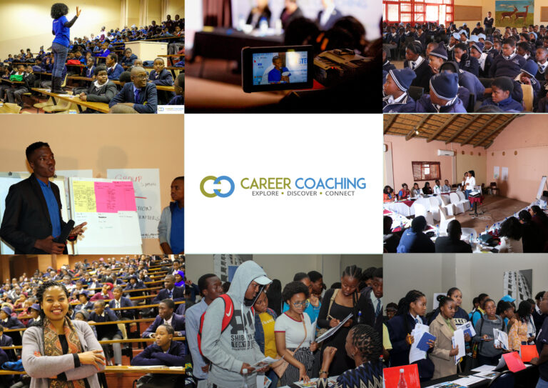 Collage of the work done at Lillian Moremi's Career Coaching organization. Photos include youth speaking, listening in classrooms, and reading materials.