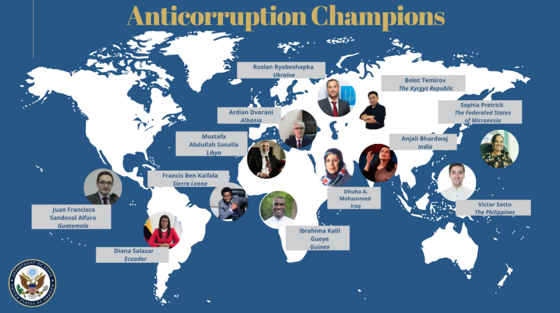 Map of the world with the title "anticorruption champions;" photos and names/countries of selected champions included on the map
