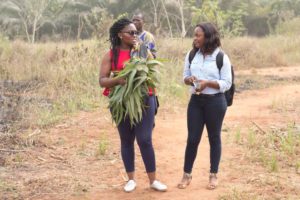 2 women stand in a field holding moringa