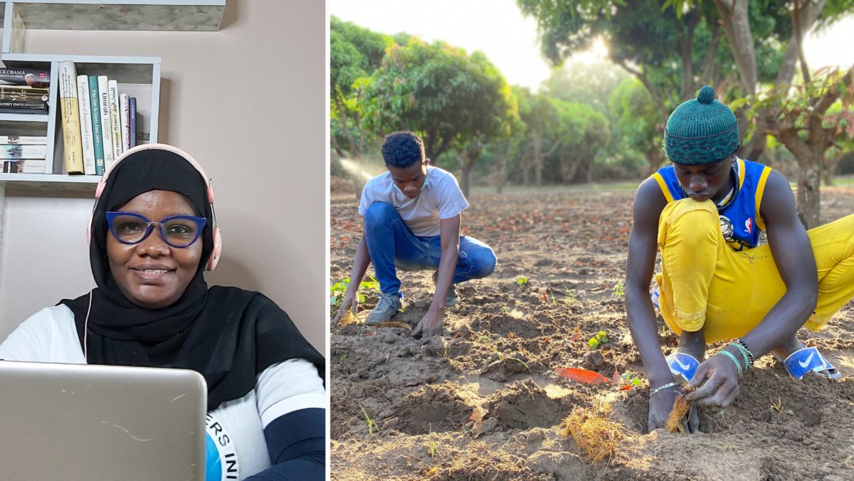 Composite of 2 photos; left shows woman in headscarf at a computer; right shows men planting in a field