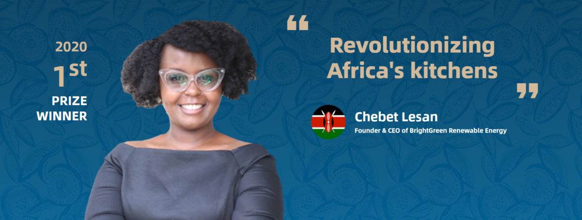 Screenshot of first prize announcement for African Business Hero 2020: Chebet Lesan, "Revolutionizing Africa's Kitchens"
