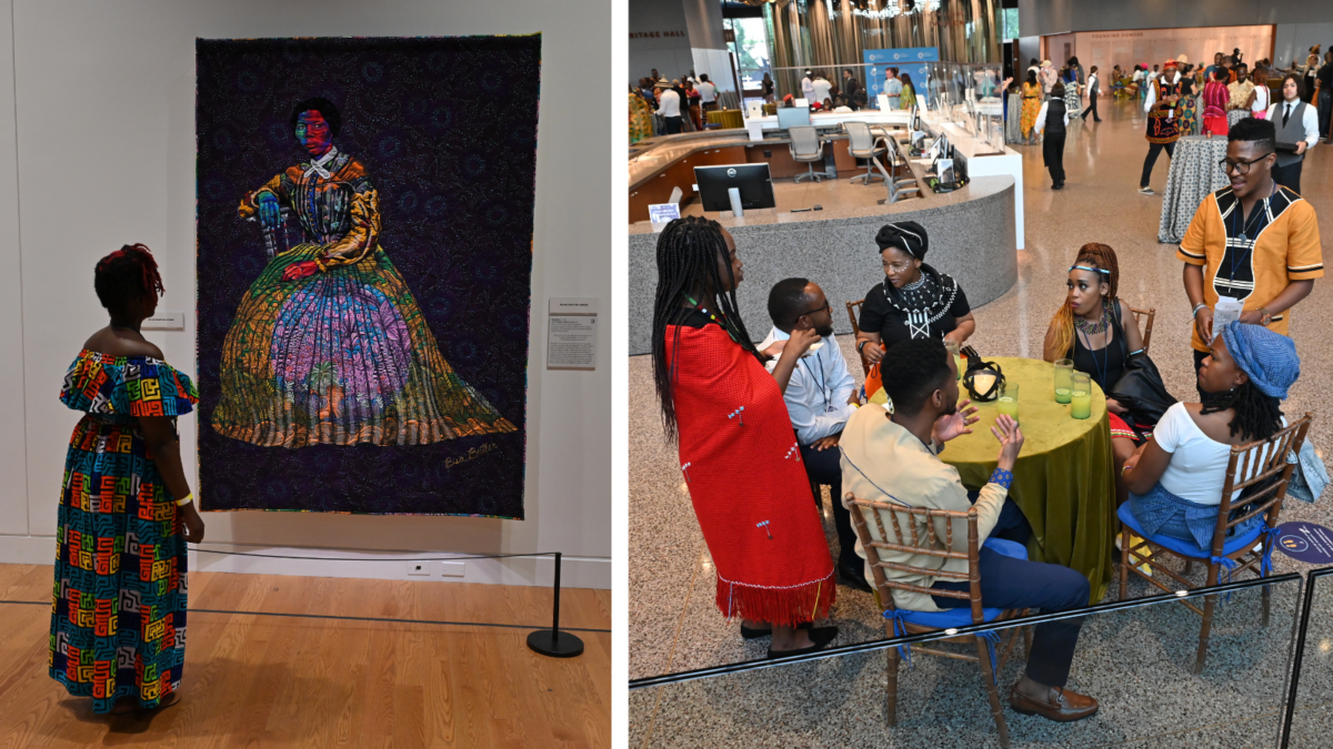 Left: woman in national dress observes a work of art; right: a group of people convenes around a table