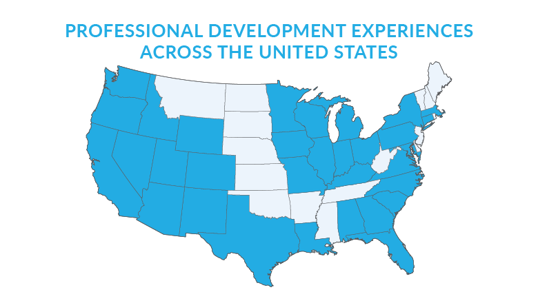 Map of the United States; states are filled in blue if they have hosted an in-person or virtual PDE