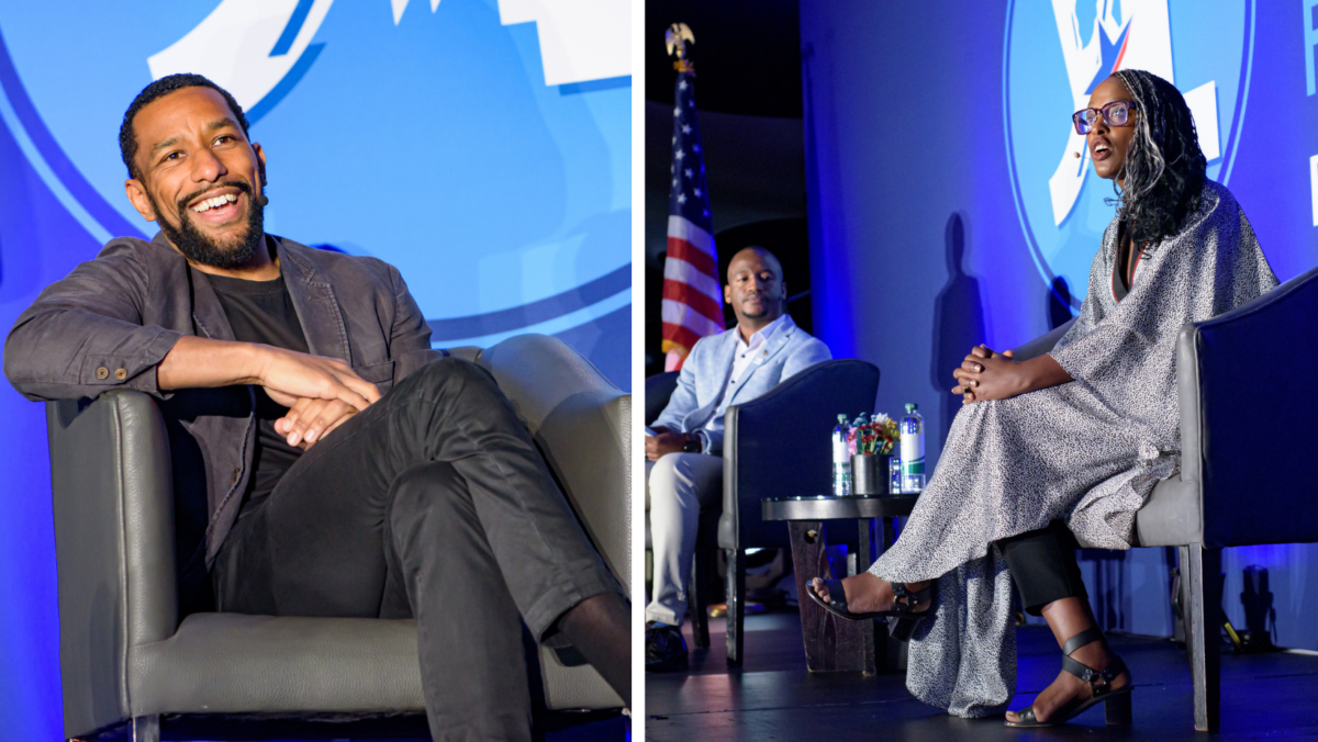 Two photos: left is a man sitting in a chair on a stage; right is a woman sitting in a chair on a stage in the foreground with a man next to her in the background