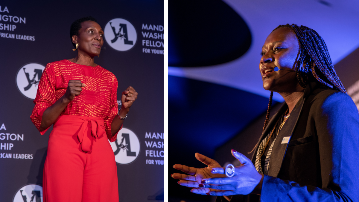Two pictures, both candid photos showing women speaking on stage