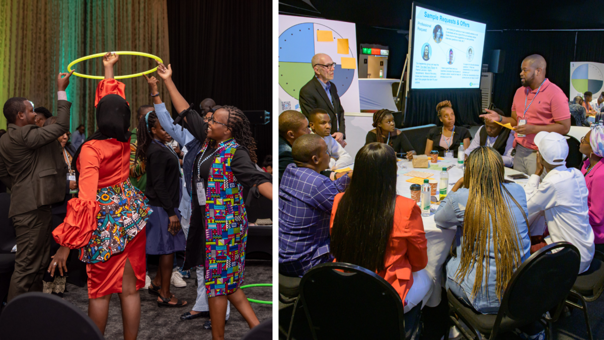 Left: a group of people holds a large ring in the air; right: people sit around a table in discussion with large posters in the background