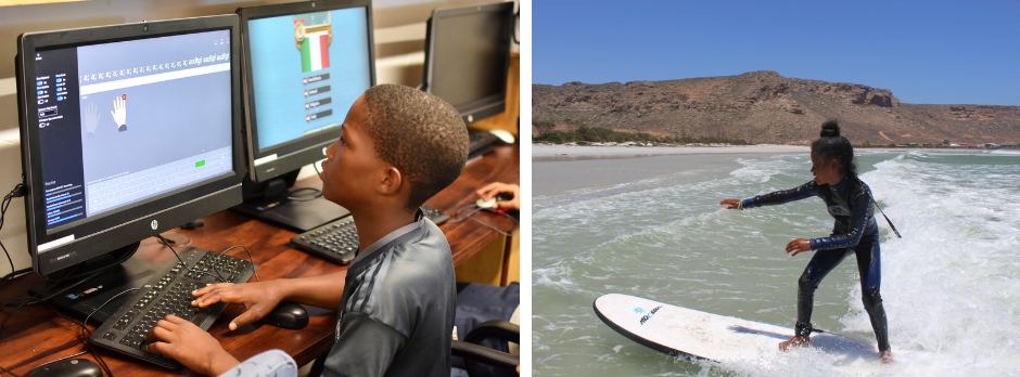 Composite photo; left, child completes a typing task on a computer; right, child surfs