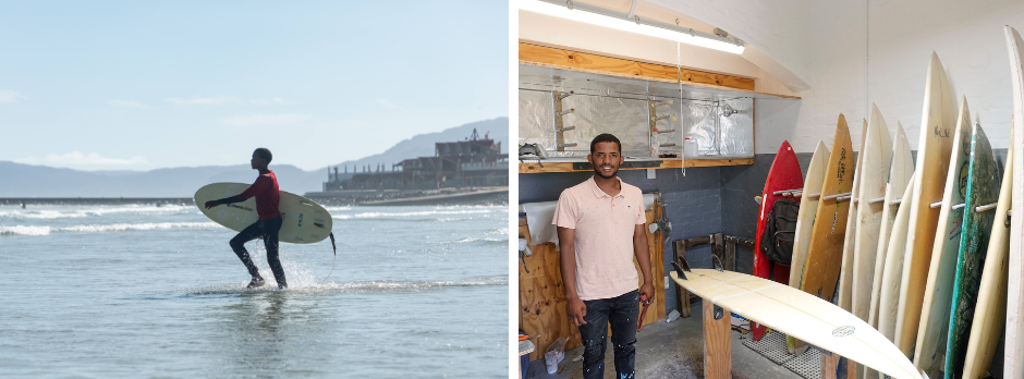Composite photo; left: child carries a surf board into the water at the coast; right: man poses with surf boards in shop