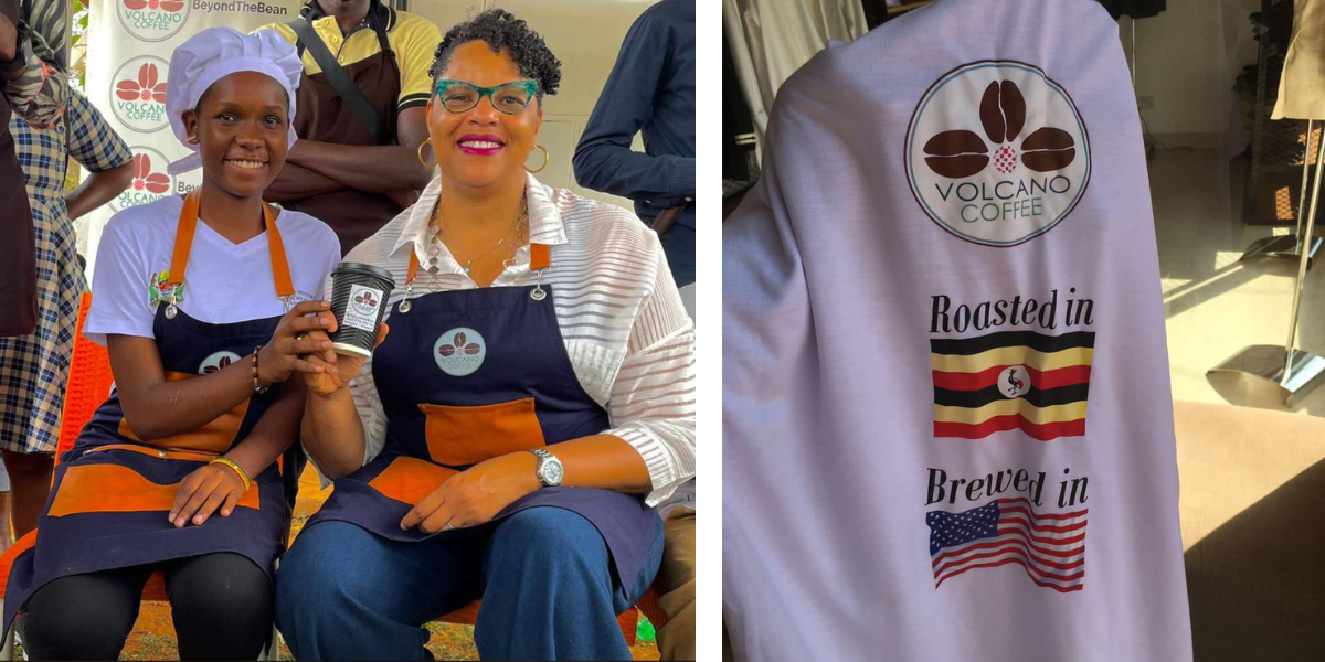 2 photos: left: 2 women hold a coffee cup between them; right: fabric with Volcano Coffee logo and words + flag graphics roasted in (Ugandan flag), brewed in (US flag)