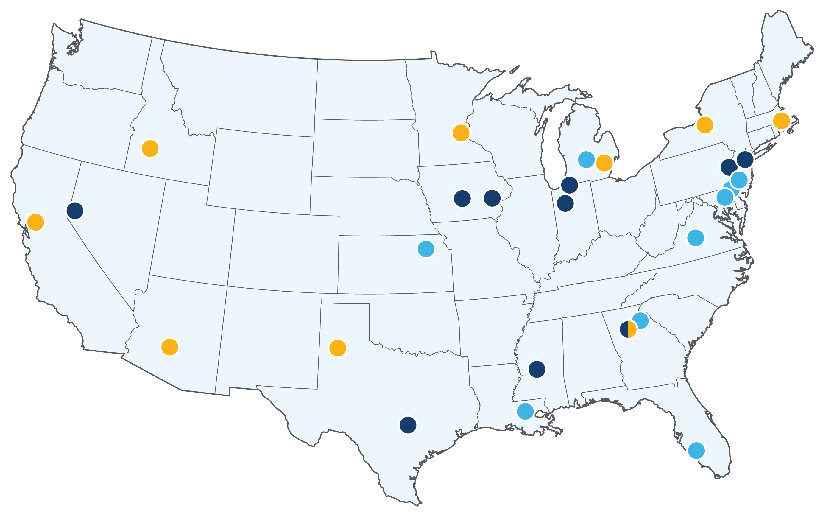 A map of the United States depicting the locations of the 28 Leadership Institutes in 2024.
